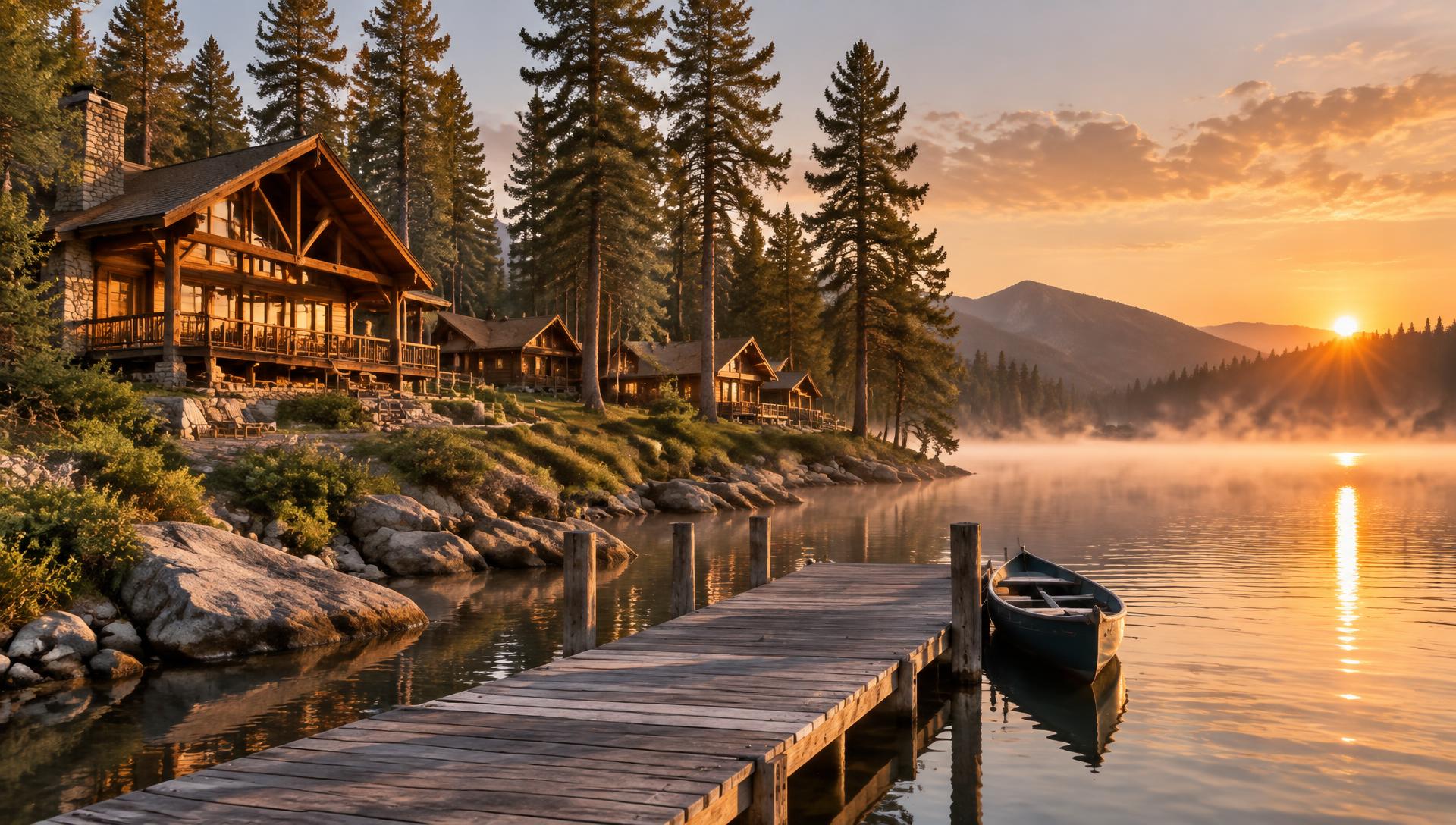 Lakeside camp lodge and cabins among pines at golden hour